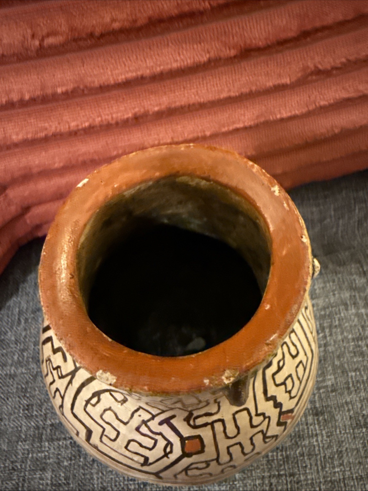 Vintage Peruvian Shipibo Conibo Hand Made Painted Face Clay Pottery Jug Peru 5.5