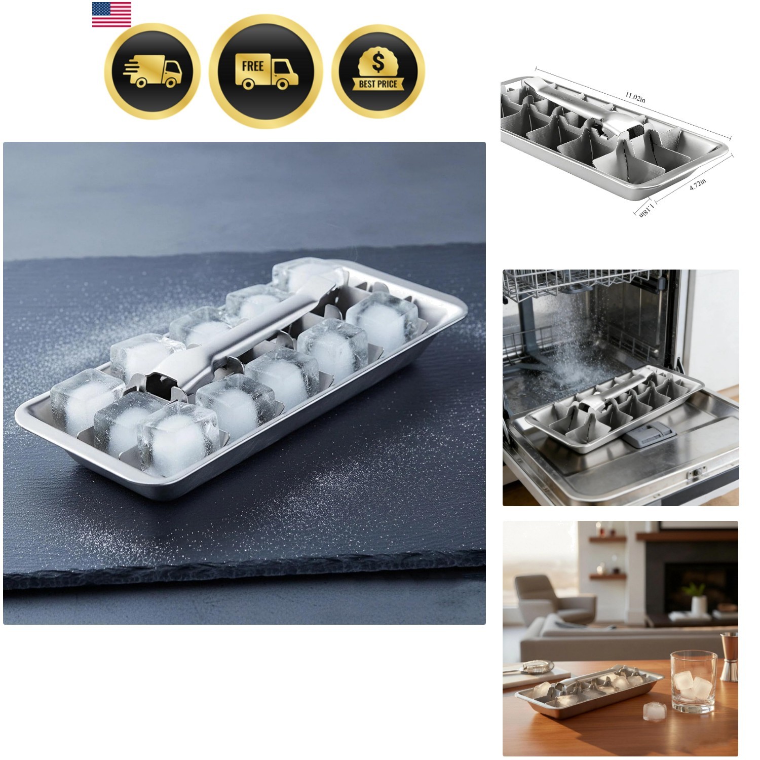 Stainless Steel Ice Cube Trays, 18-Slot Detachable & Easy-Release Freezer Tra...