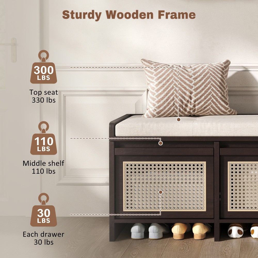 Entryway Shoe Bench, Retro Storage Bench with Rattan Drawers & Removable Button