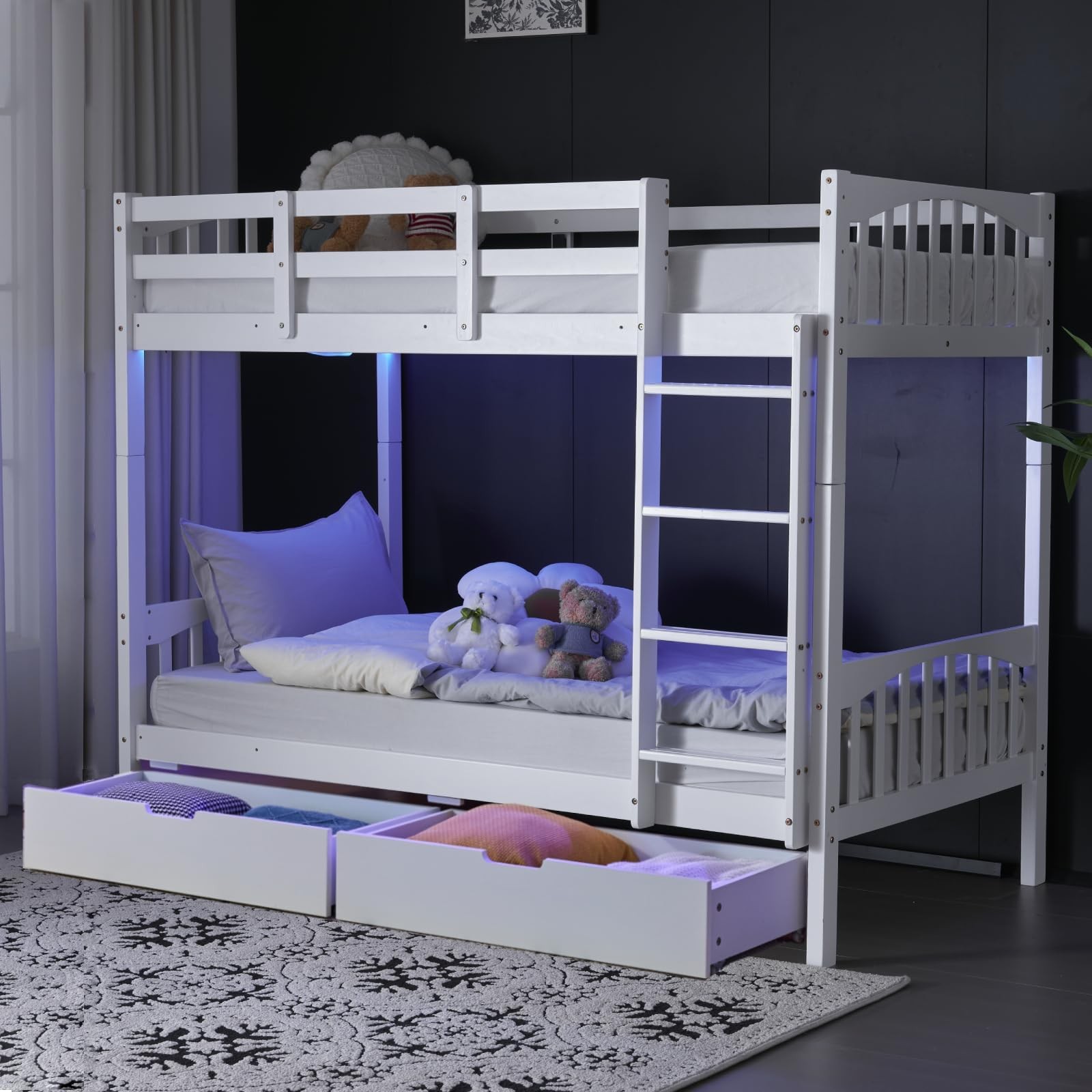 Twin Bunk Bed Solid Wood Storage Drawers RGB LED Charging Station Guardrail