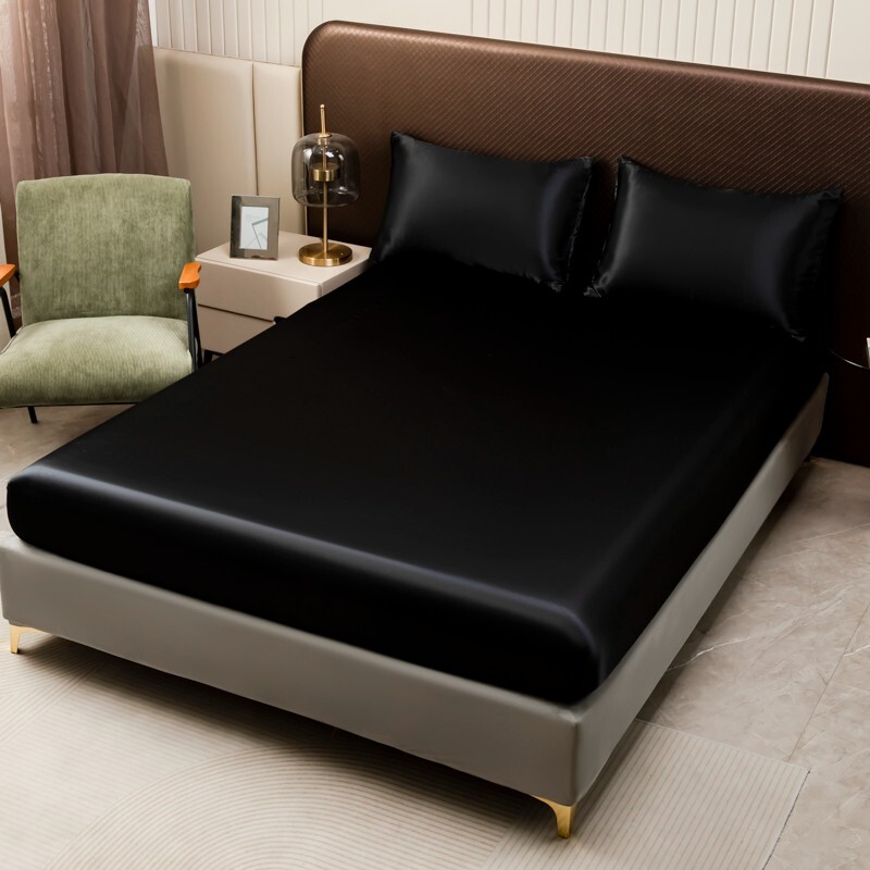 3pc Satin luxury Solid Color Bed Fitted Sheet and Pillowcase Upscale Adjustable