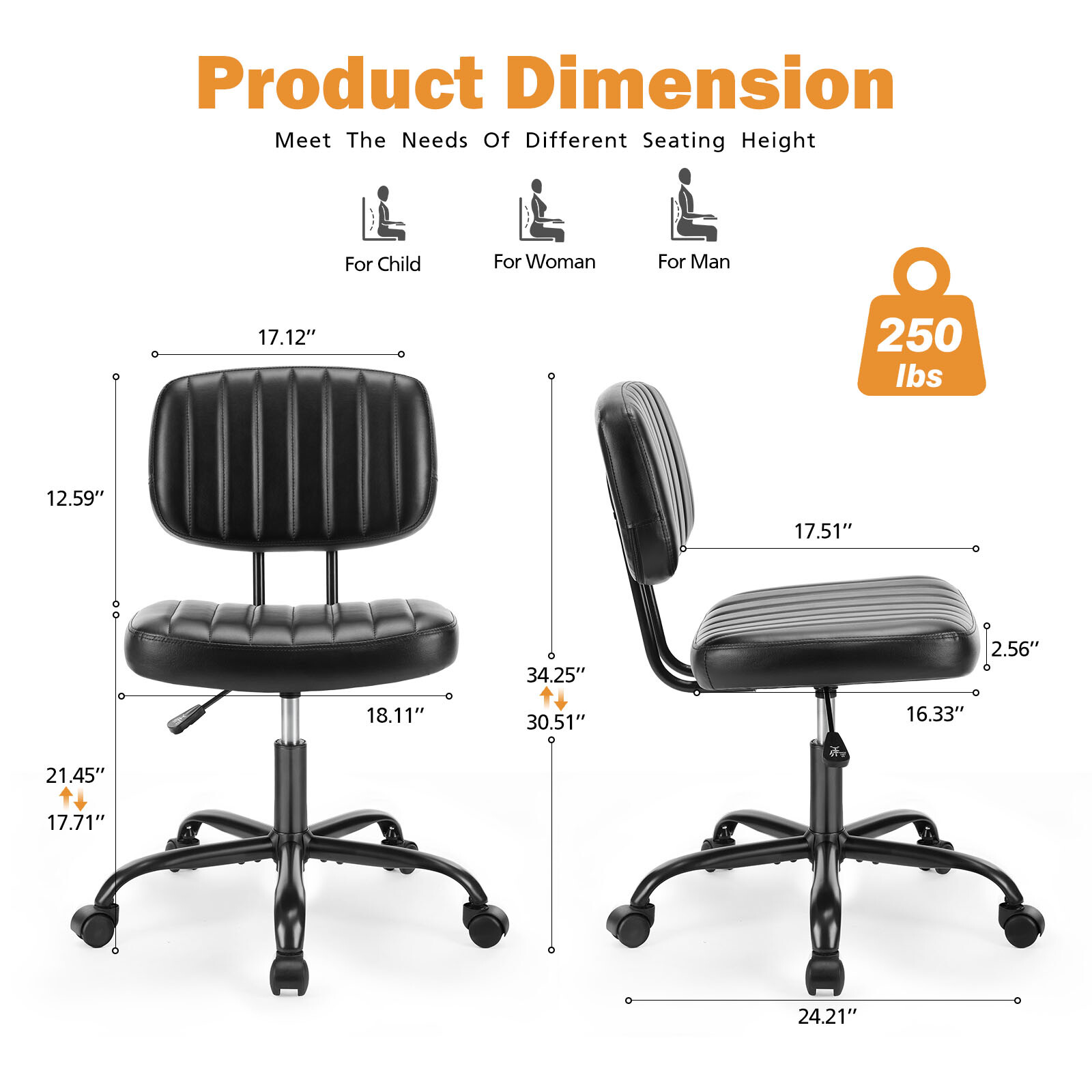 Armless Office Desk Chair with PU Leather Swivel Chair Small Chair with Wheels