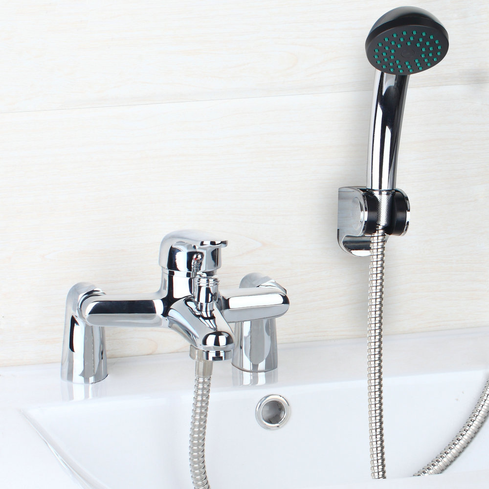 Chrome Bathtub Faucet Rainfall Hand Held Spary Deck Mounted Mixer One Handle Tap