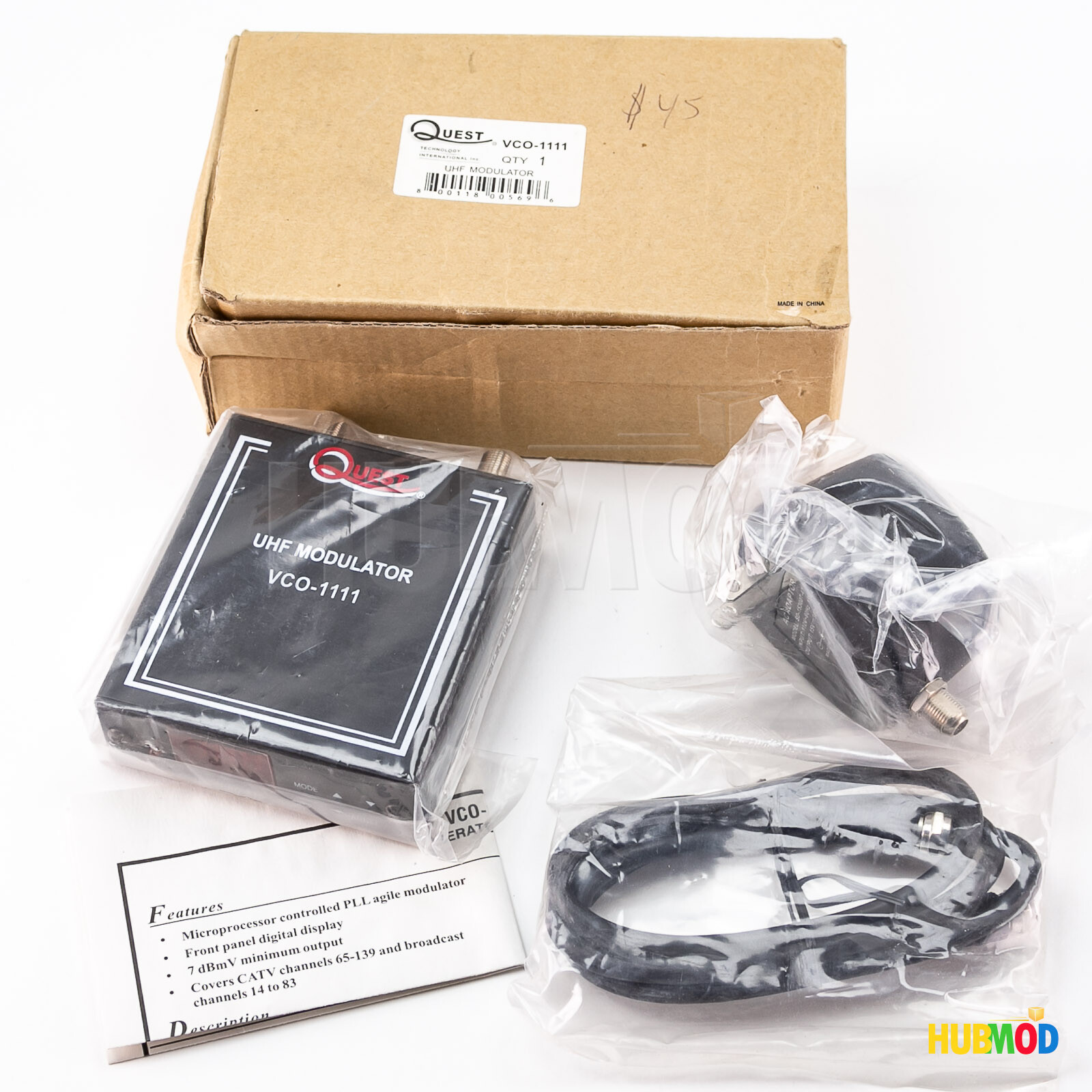 Quest UHF Modulator A/V Video RF Broadcast 14-83 CATV 65-139 VCO-111 NEW