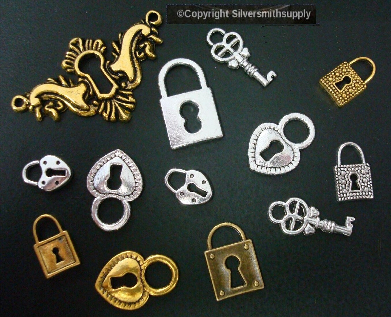 Lock & key style charms pendants mixed finish, various sizes CFP005