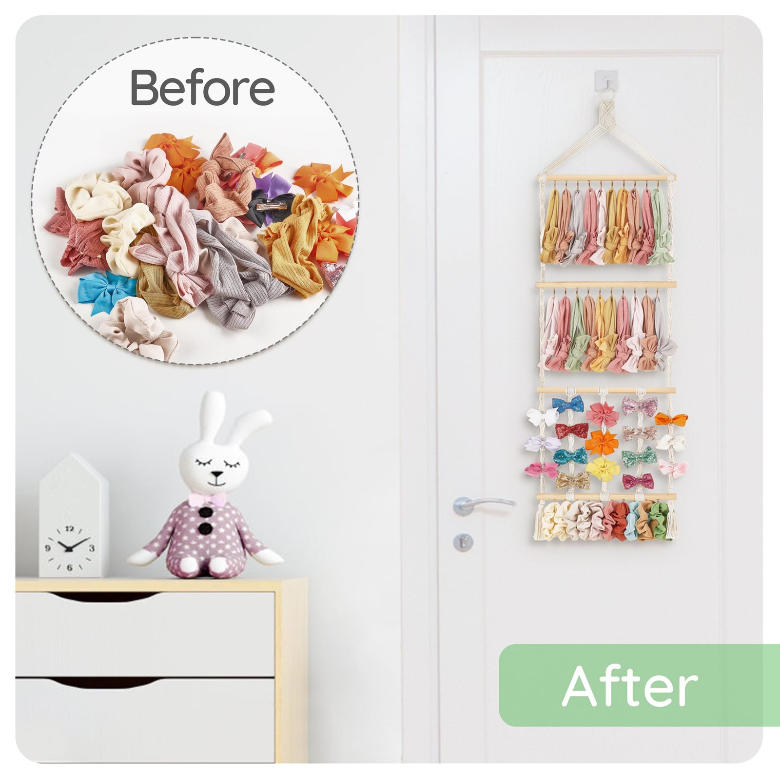 Macrame Bow Organizer set Boho Baby Headband nursery Wall display