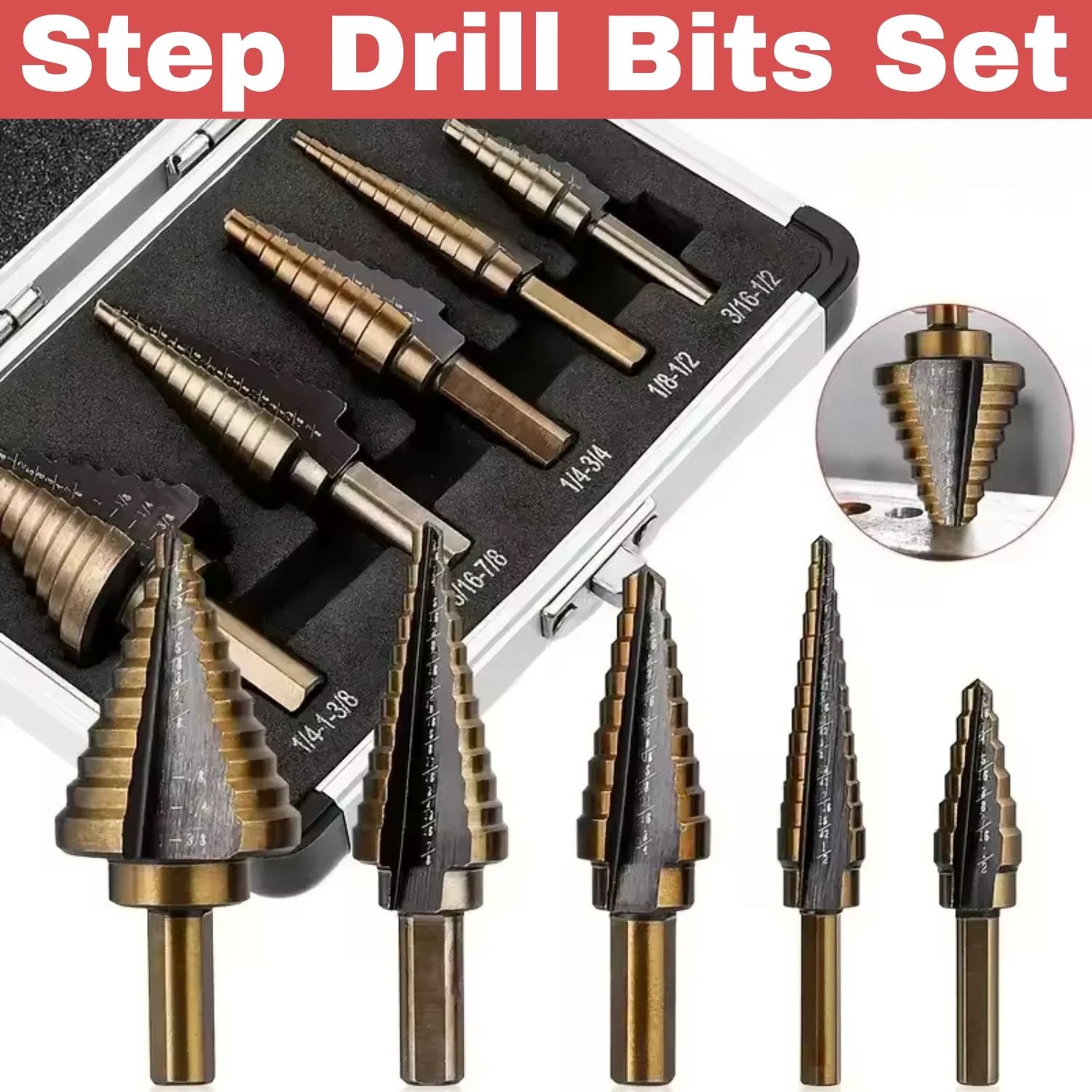 5Pcs HSS Cobalt Hole Large Metal Step Drill Bit Set Titanium Cutter Cone 50 Size