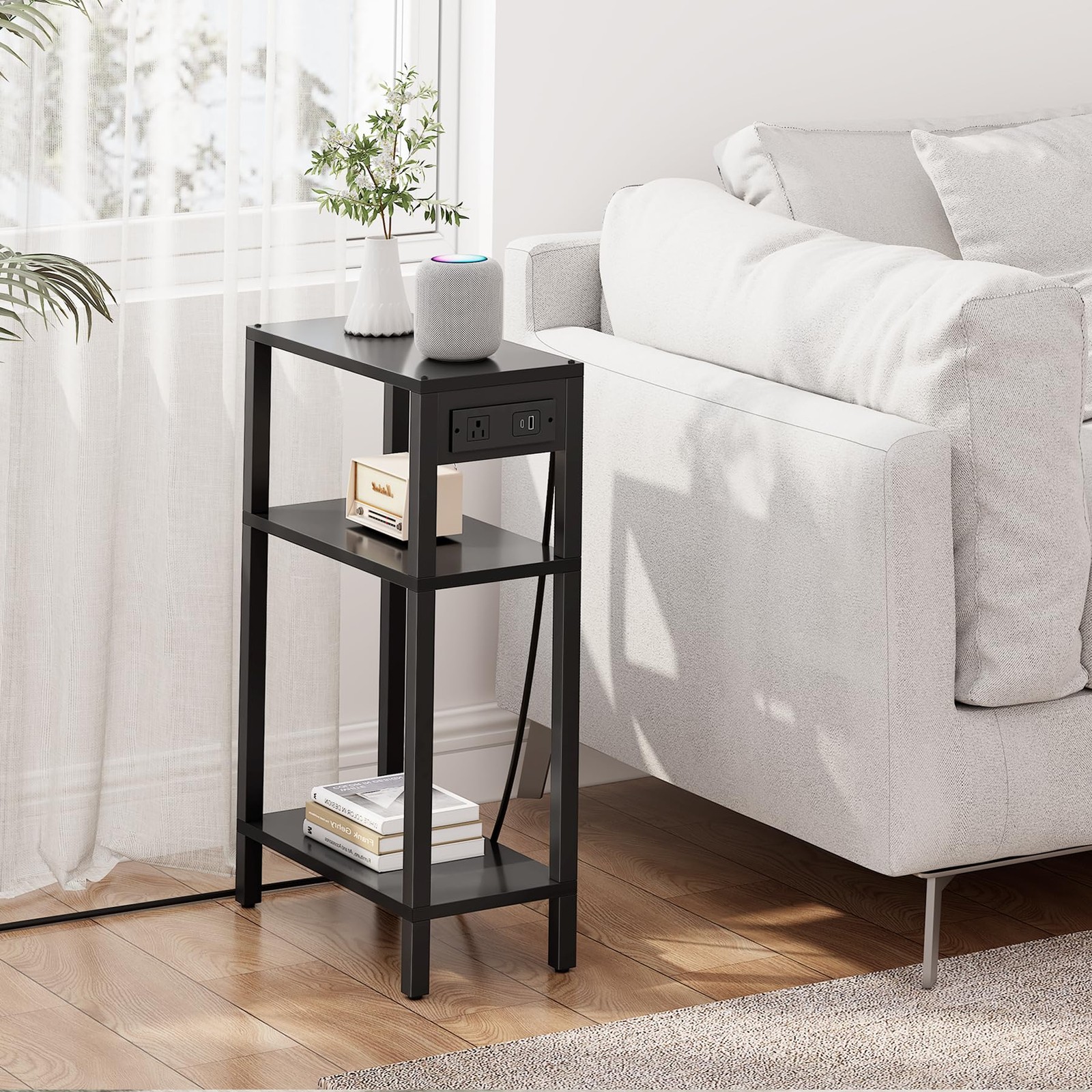 Narrow Side Table with Charging Station,Small End Table with USB Ports and Ou...