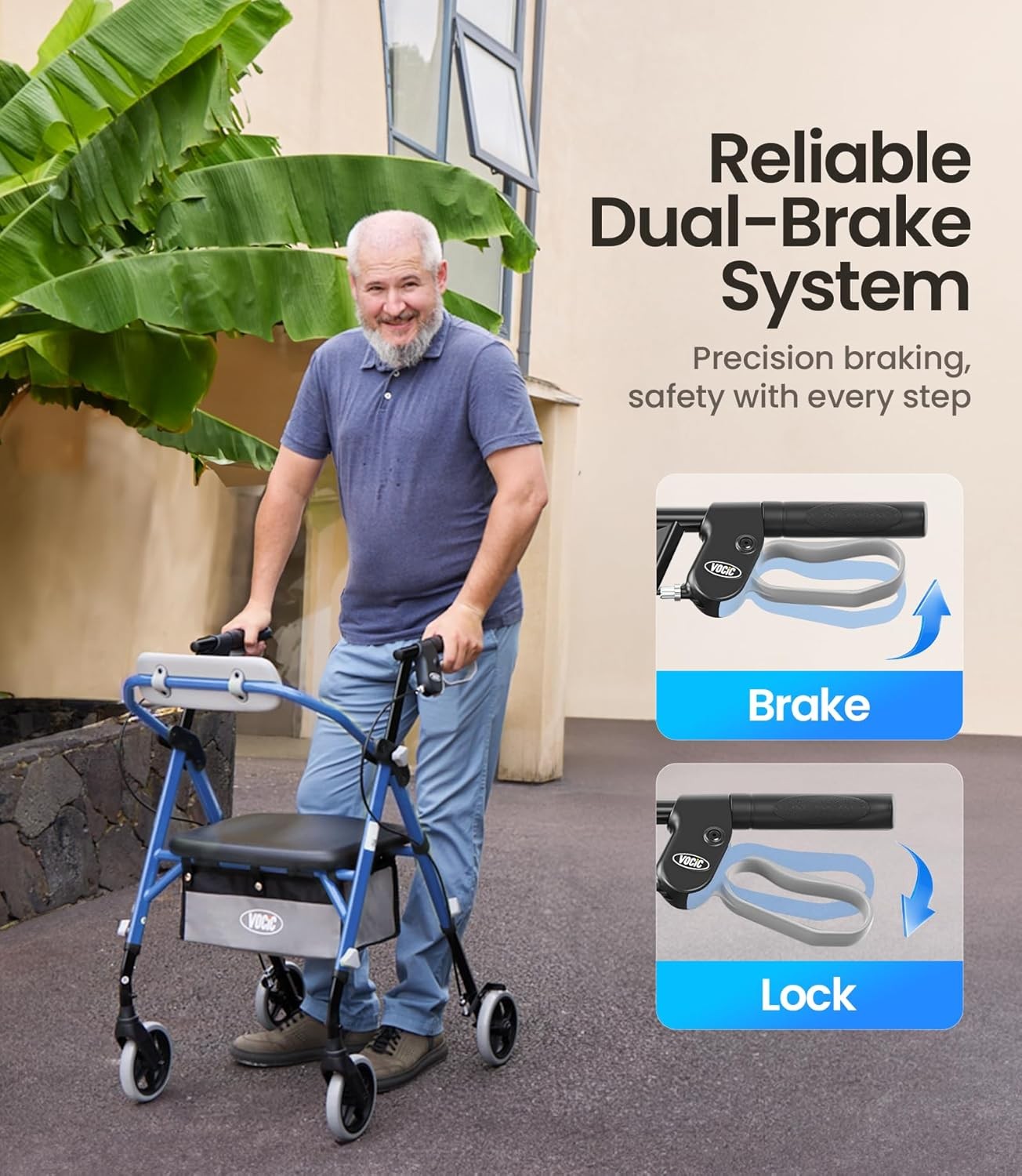Lightweight Rollator Walker Seat Backrest Foldable All Terrain Adjustable