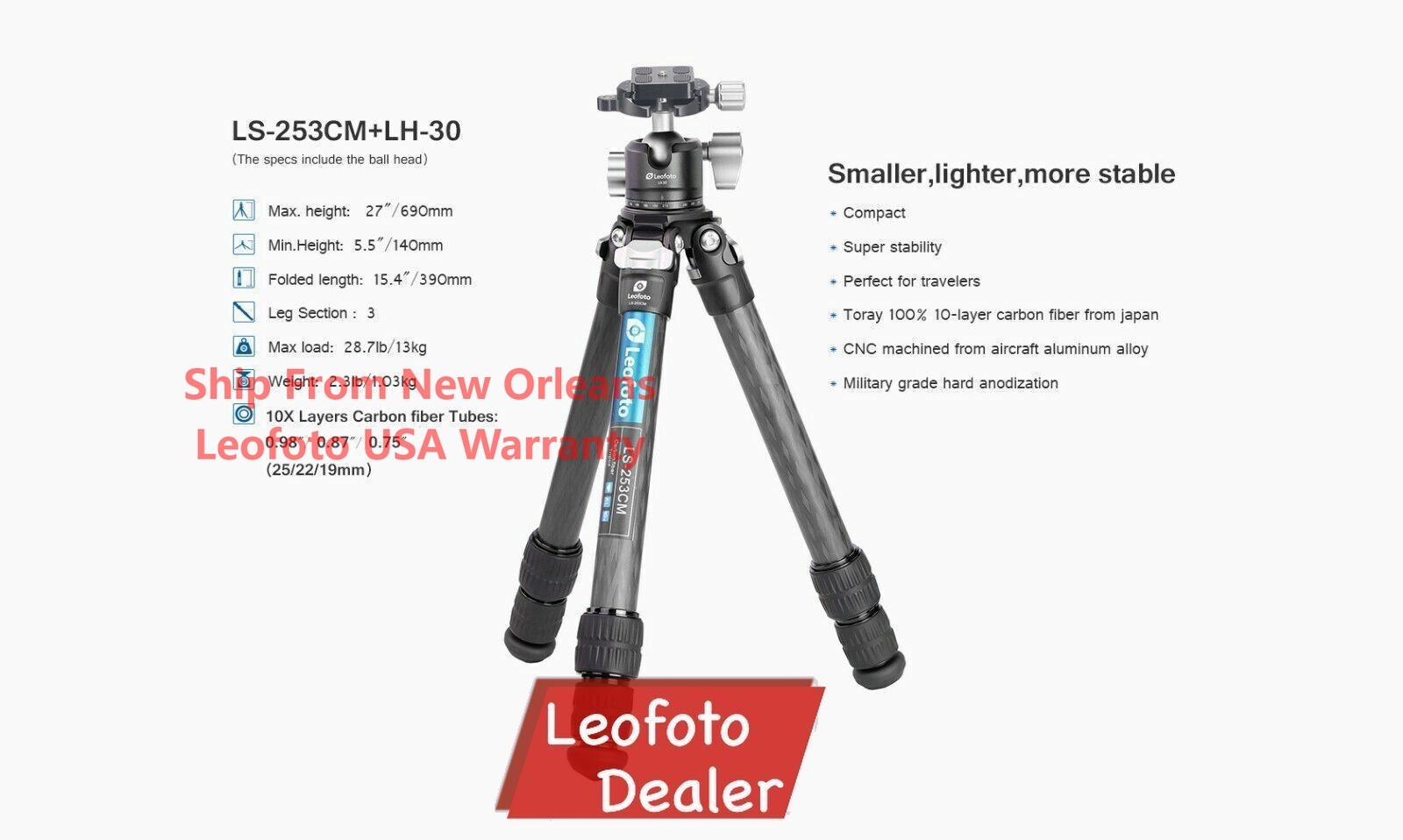 Leofoto Tripod LS-253CM Professional Carbon Fiber with LH-30 Ball Head