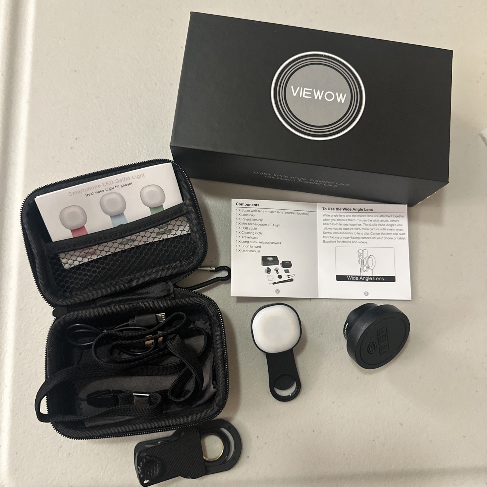 New Viewow Smartphone Camera Lens Kit Macro Wide Angle with LED Light and Case