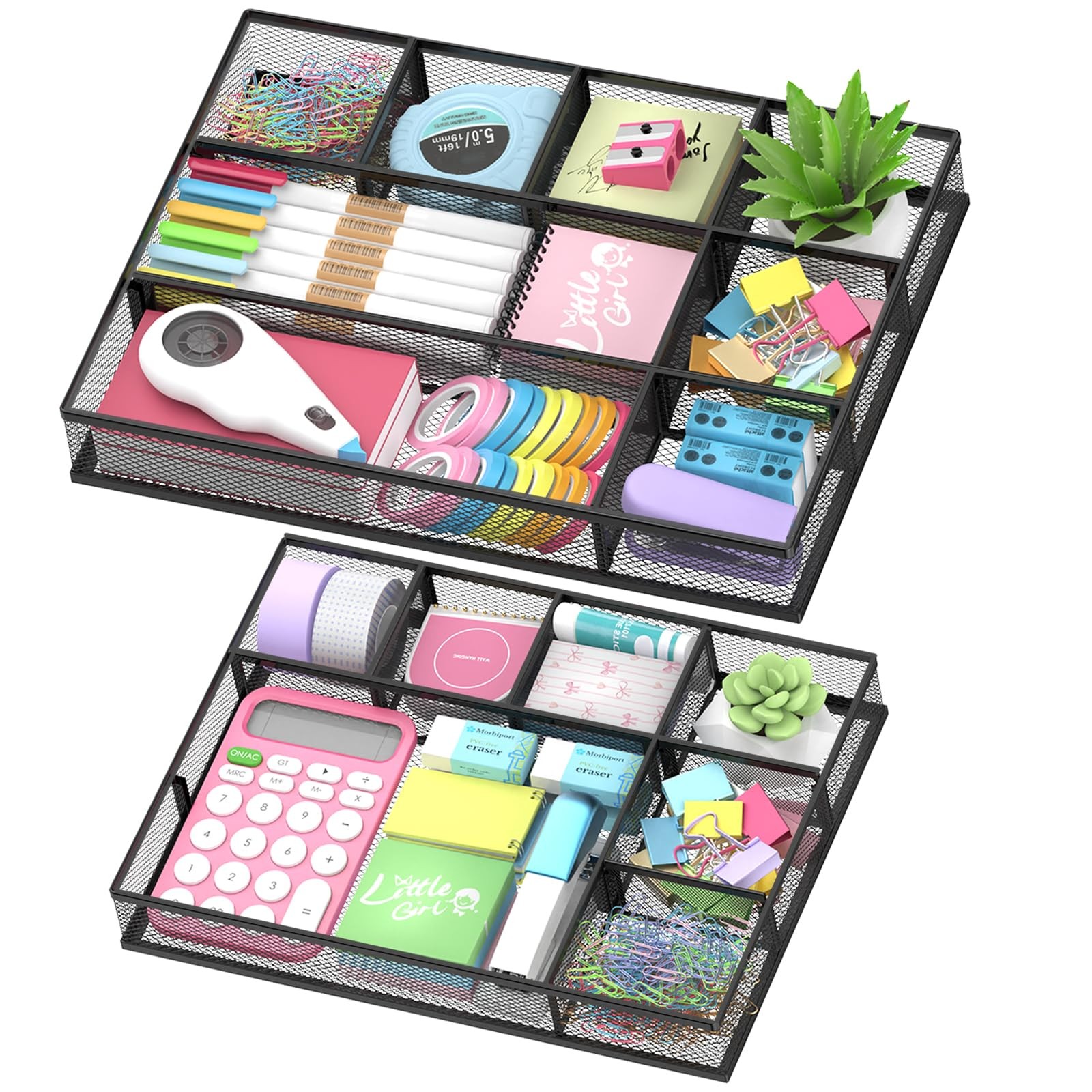2 Pack Mesh Drawer Organizer, Metal Desk Drawer Organizer Tray with 8 Adjusta...
