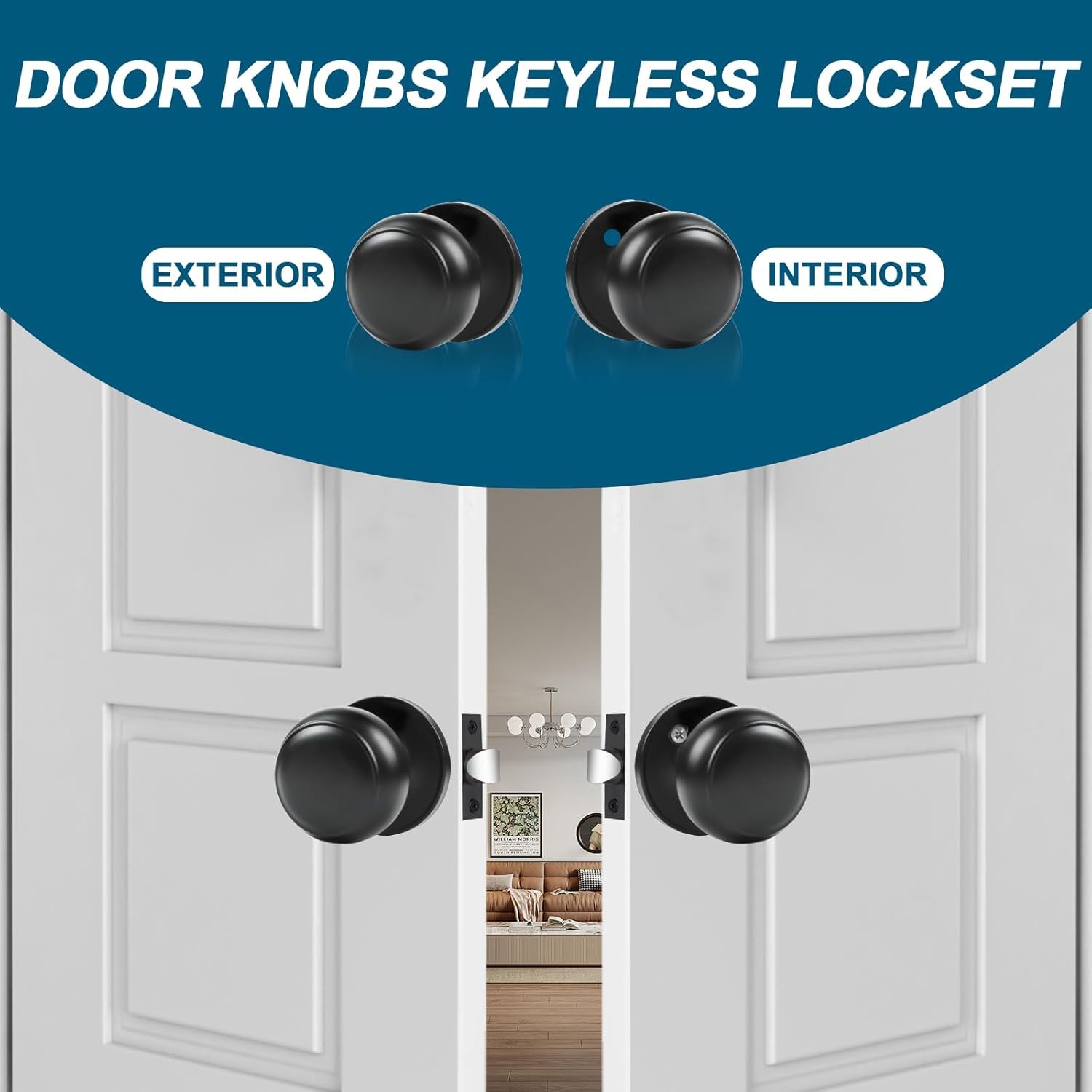 RAZCC 4-Pack Matte Black Passage Door Knobs, Interior Round Handles for Hallway/