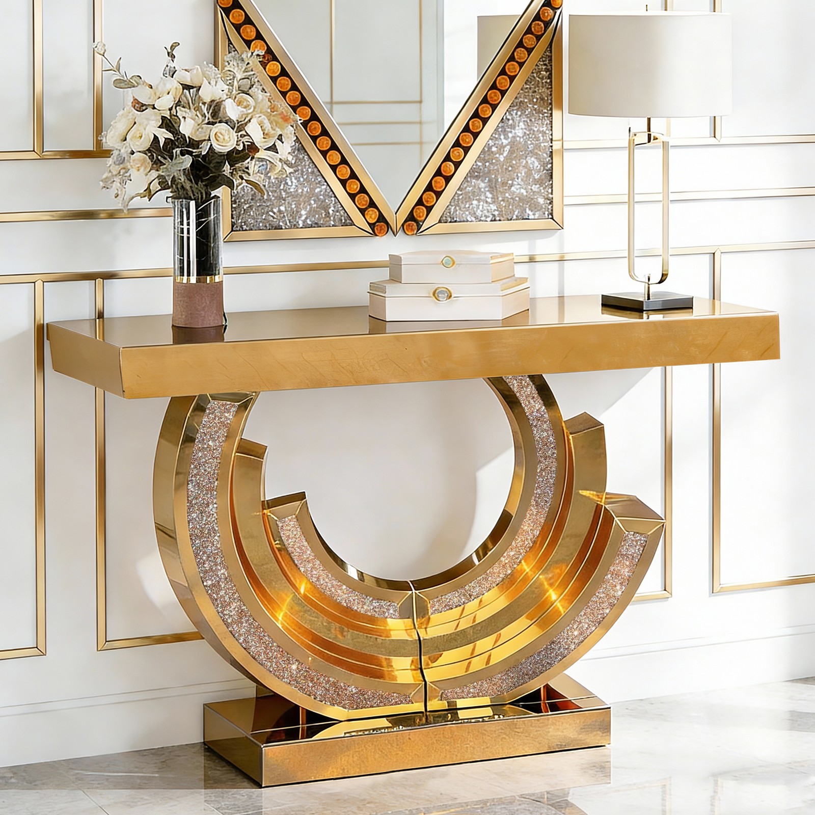 Design Crushed Diamond Mirrored Console Table  Entryway Table with Diamond Inlay