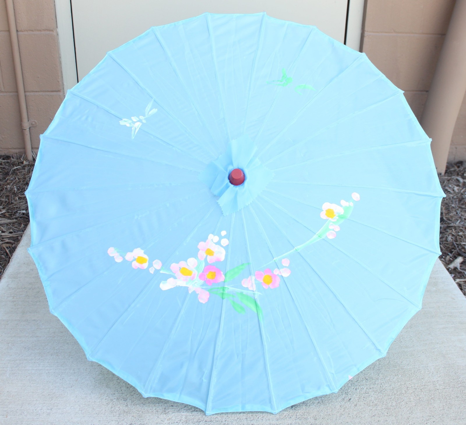 32" Inch Diameter Light Blue Floral Pattern Wood Bamboo Nylon Parasol Umbrella