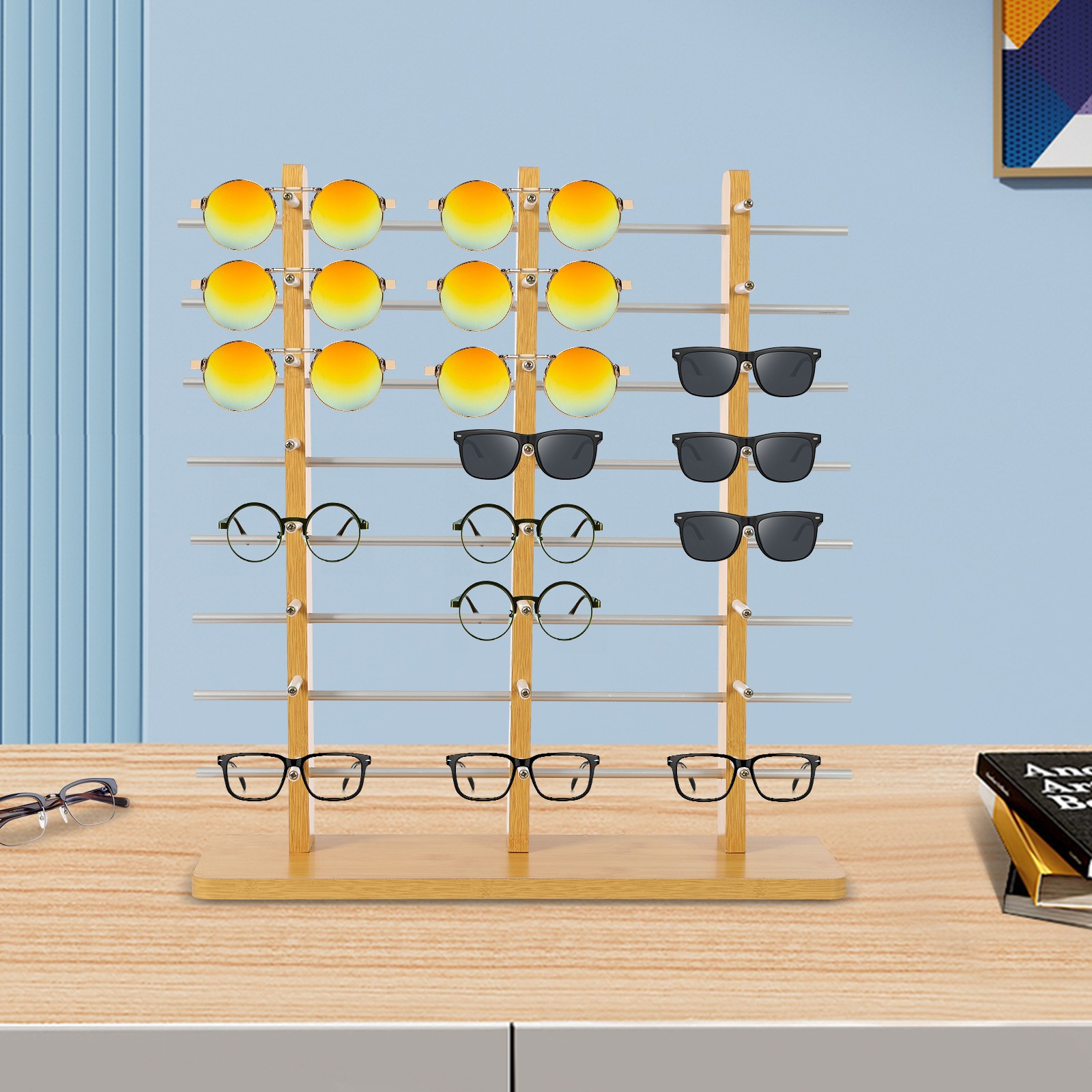 8-layer Sunglasses Display Stand, Eyeglass Holder Stand, Wooden Organizer Stand