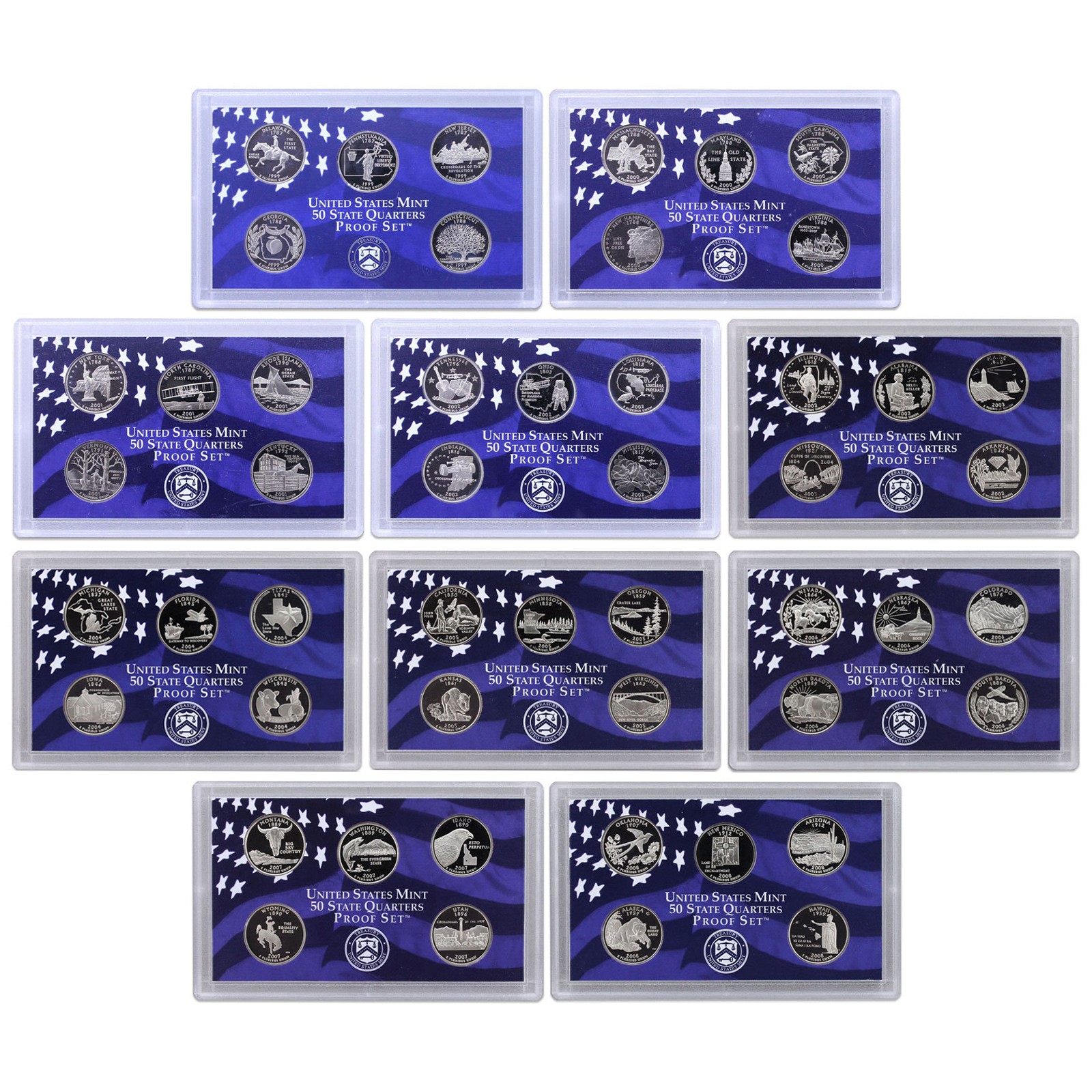 1999-2008 S Proof State Quarter Set Run No Boxes or COAs 50 CN-Clad Coins