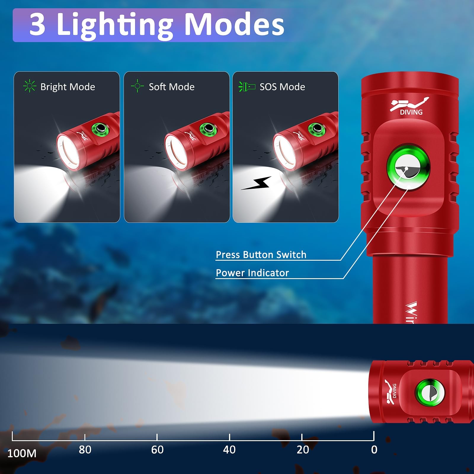 WINDFIRE TS08 Dive Light Super Bright, Scuba Flashlight Red-TS08
