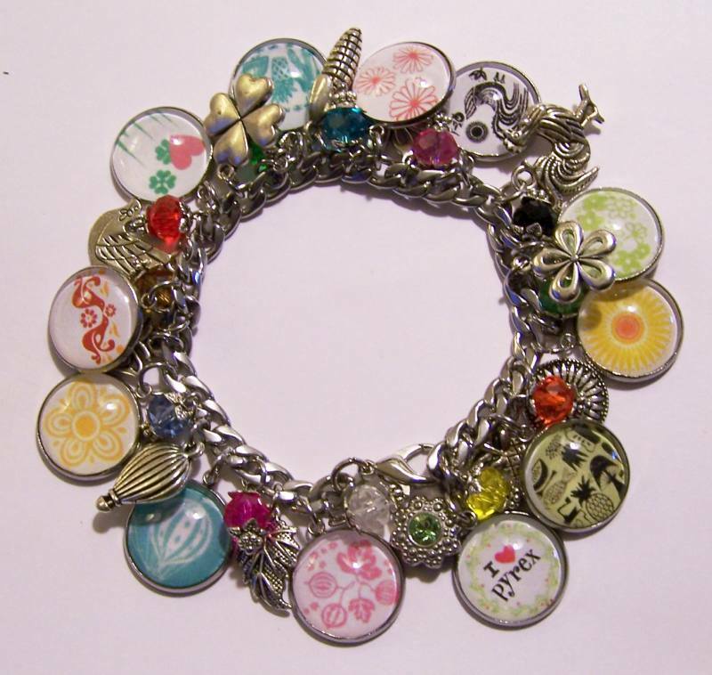 Pyrex Charm Bracelet Butterfly Gooseberry Rooster Daisy Friendship Butterprint