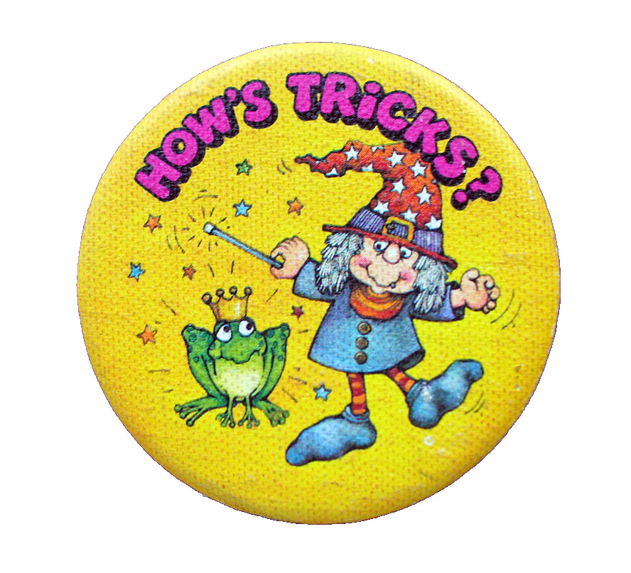 Hallmark BUTTON PIN Halloween Vintage WITCH Frog HOWS TRICKS Holiday FABRIC