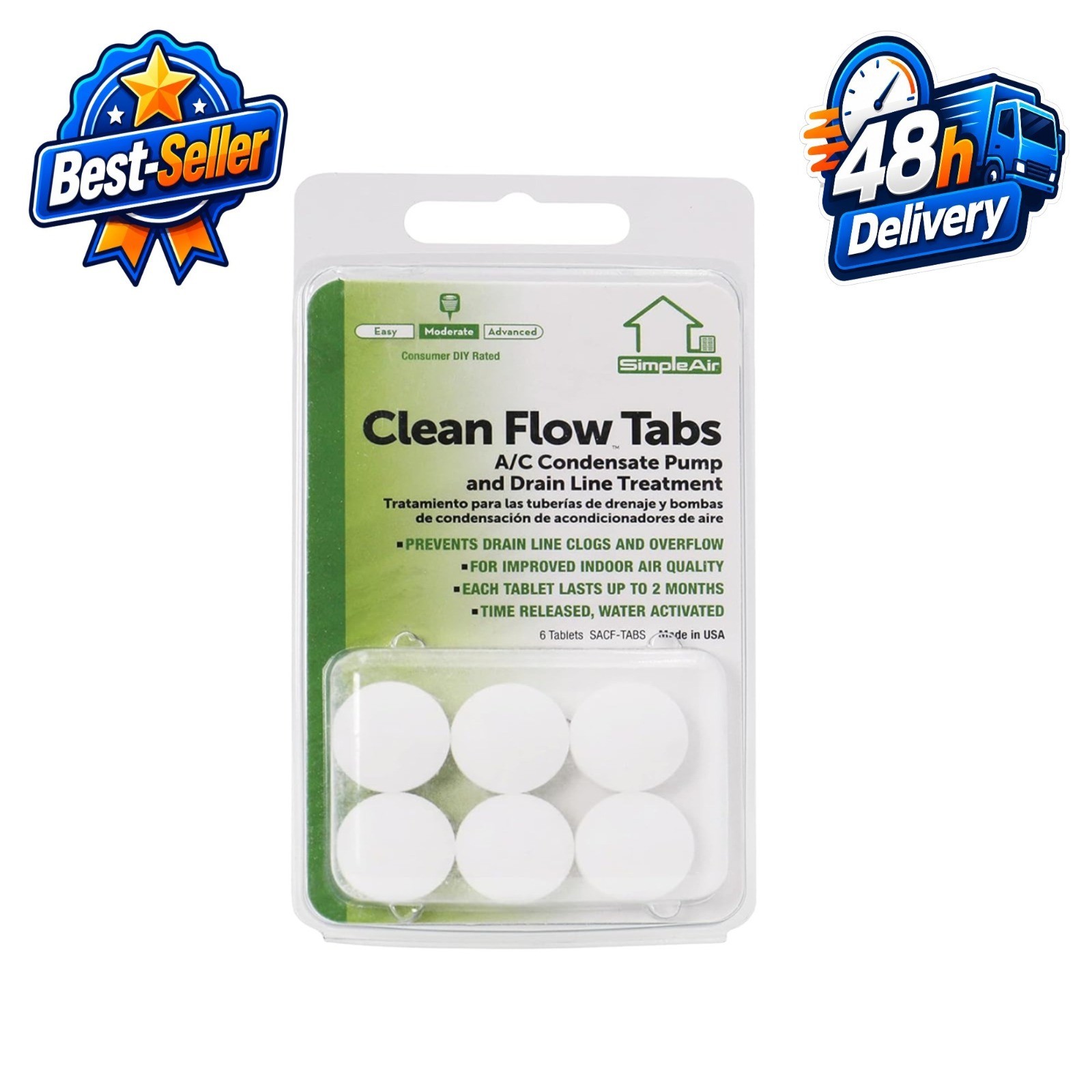 SimpleAir Drain Line Clean Flow Tabs for HVAC Systems - 6 Count