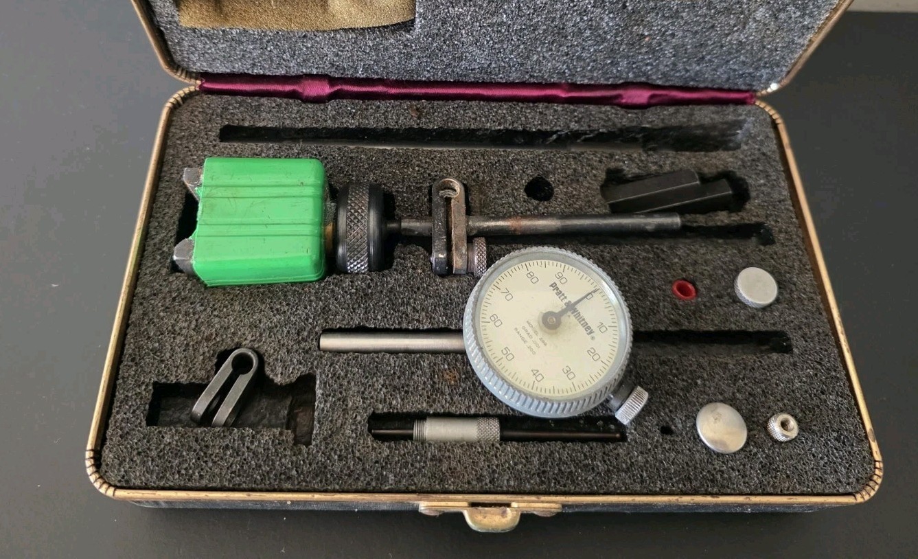 Pratt & Whitney No. 299 Dial Indicator Set with Box & ENCO Tiny Titan Base Vtg