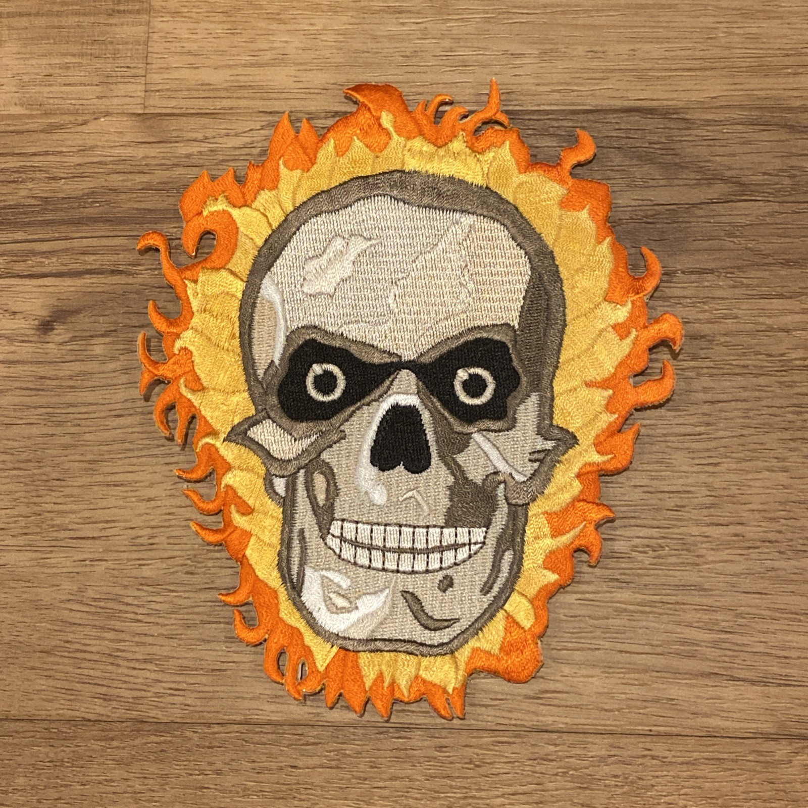 NEW Flaming Grinning Skull Biker Battle Vest Jacket Embroidered PATCH 5" x 6"