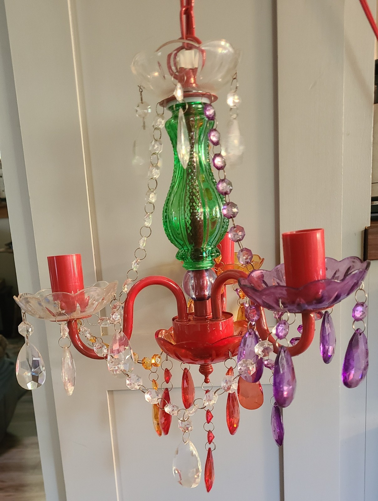 Multicolor 3 Light Chandelier Acrylic Crystal Glass Central Stem Plug In