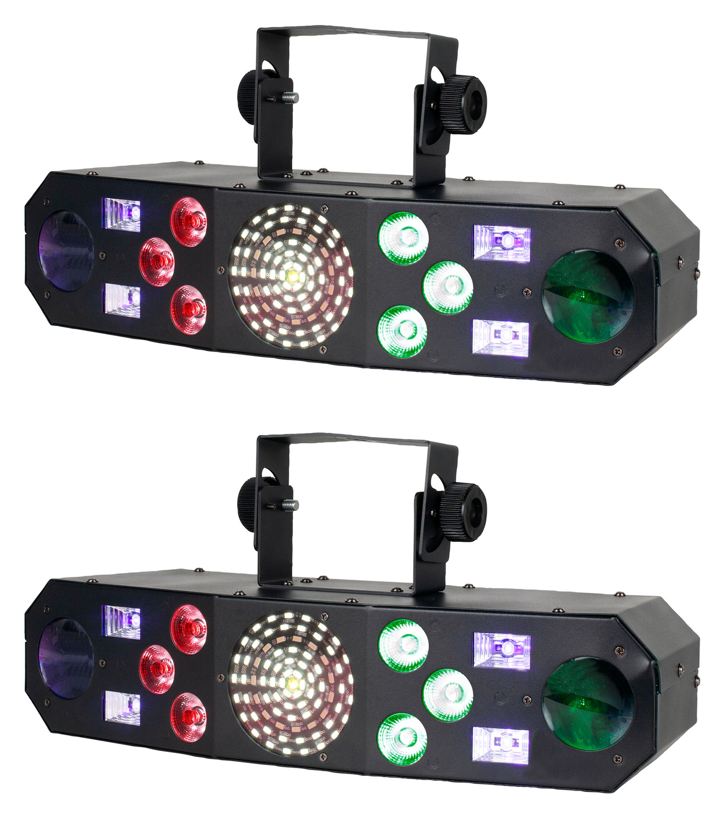 (2) Eliminator FURIOUS FIVE RG RGBW+UV LED DMX Laser/Strobe/Derby Effect Lights