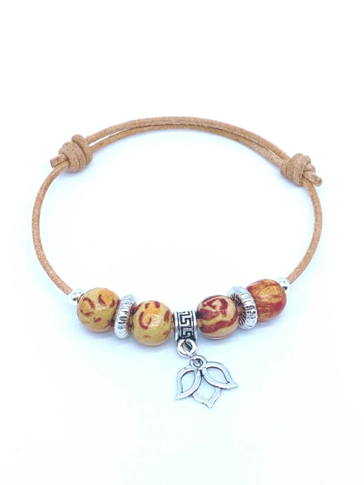 Adjustable Leather Cord Bracelet Wood Beads 10mm with Silver Lotus Charm