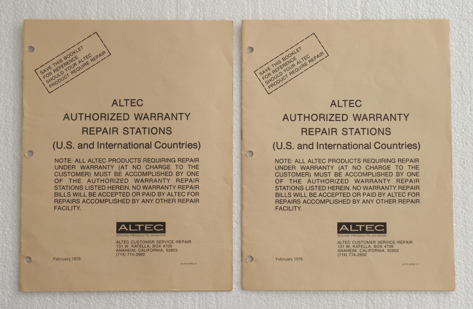 Original 1976 ALTEC Authorized Warranty Repair Stations List