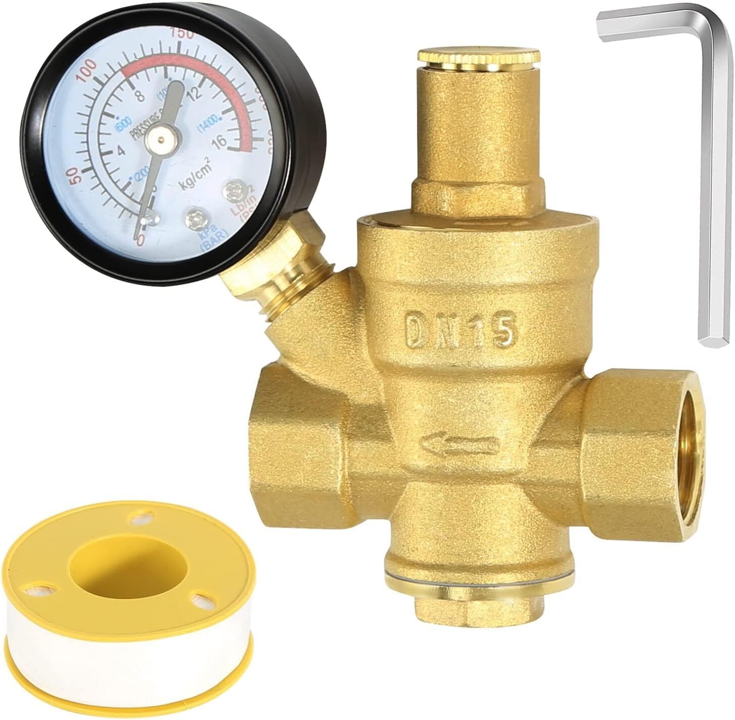 Water Pressure Regulator 1/2 Inch with Gauge, Made of 100% High Hardness Brass