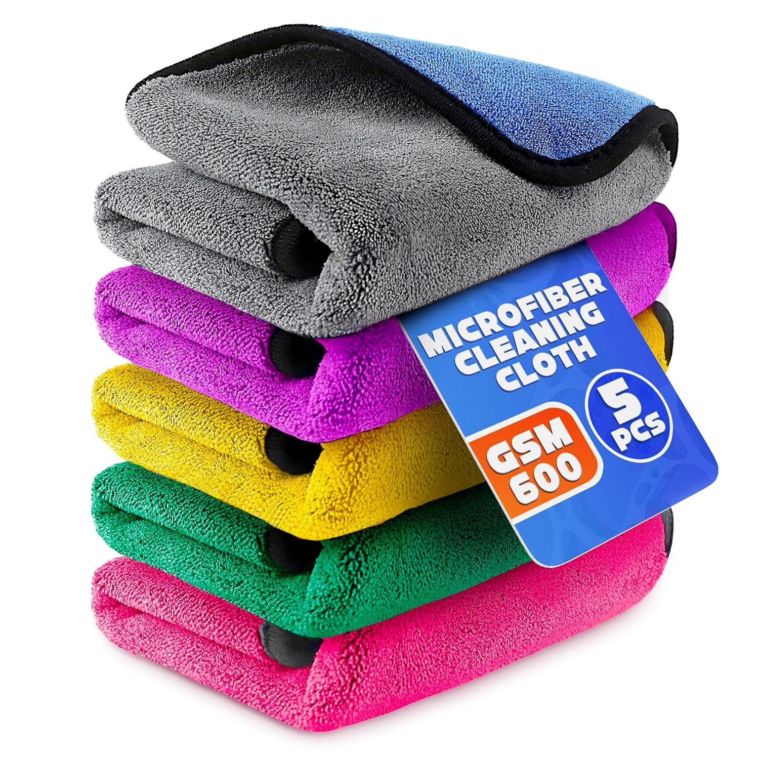 5 Pcs Thick Microfiber Cleaning Cloth – Dual-Layer 12" x 12", Multicolor