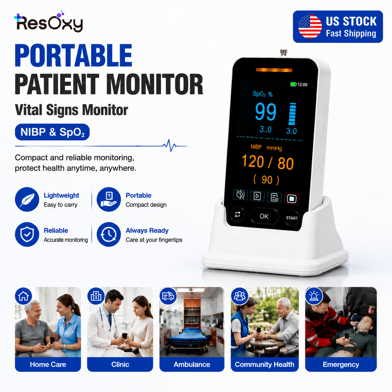 Portable 4" Patient Monitor NIBP SpO₂ Vital Signs Monitor Rechargeable US Stock