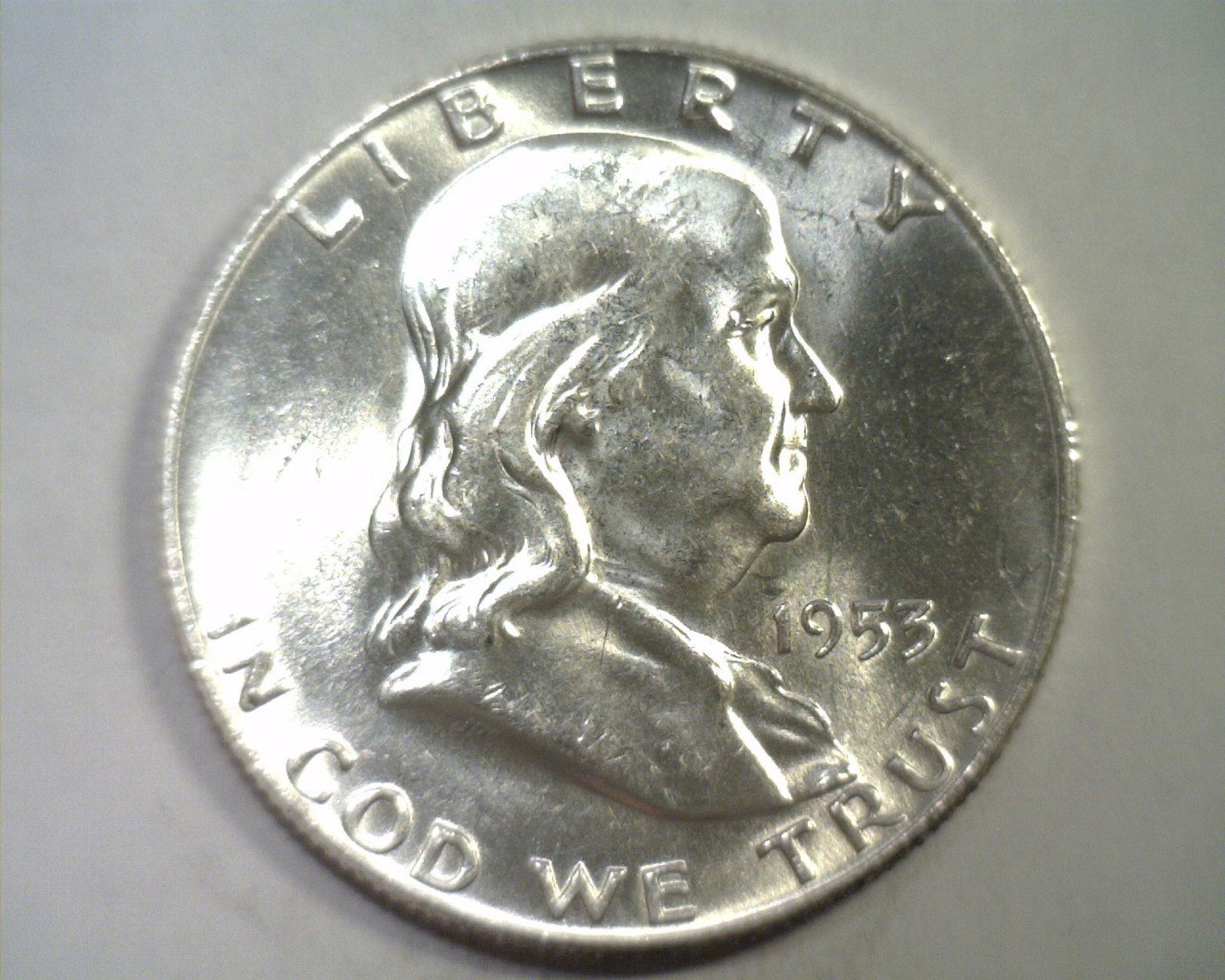 1953-D FS-402 CLASH NOSE FRANKLIN HALF CHOICE ABOUT UNCIRCULATED+ WIPE ON BUST