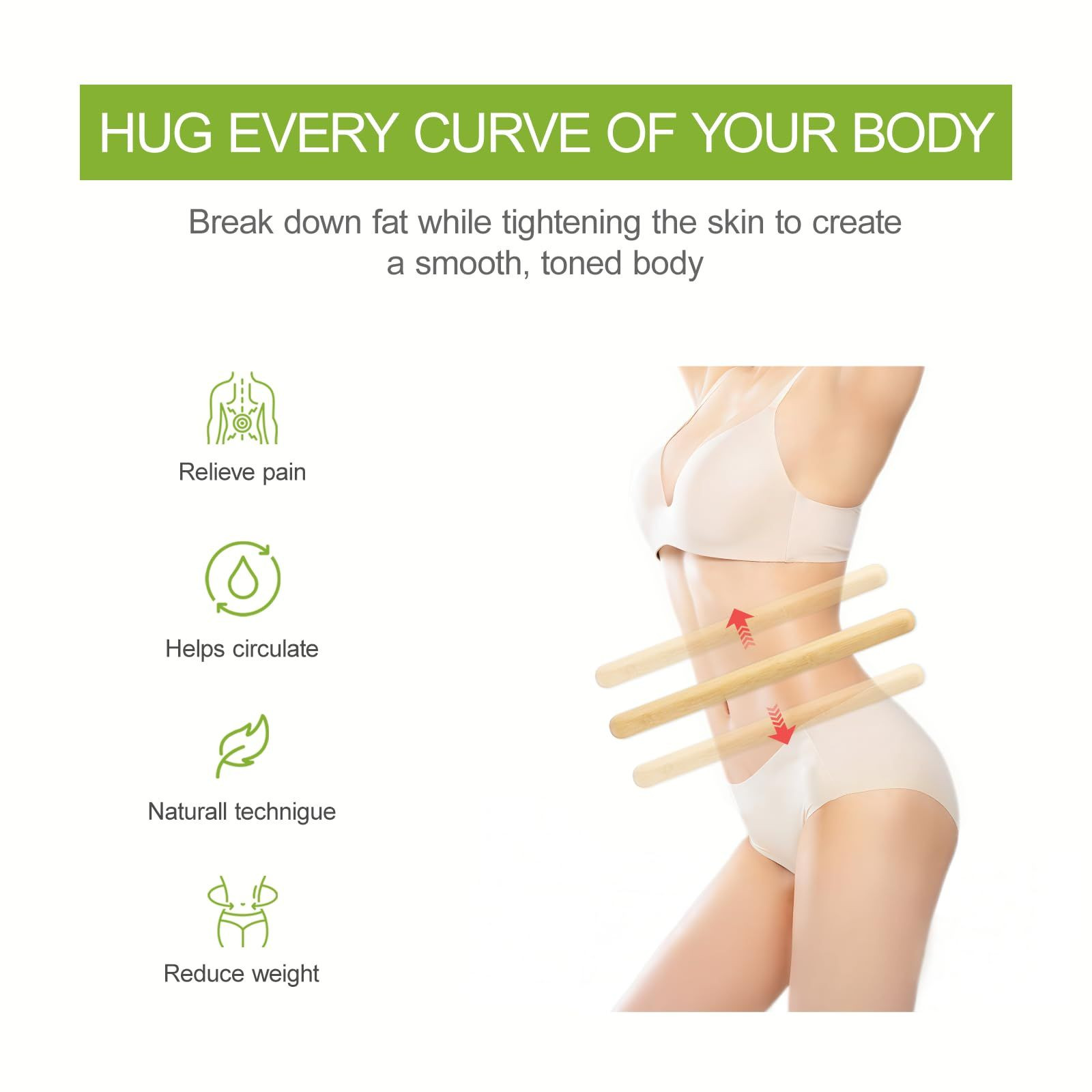 4PCS Solid Bamboo Massage Sticks & Guasha Set with Roller/Stick - Natural
