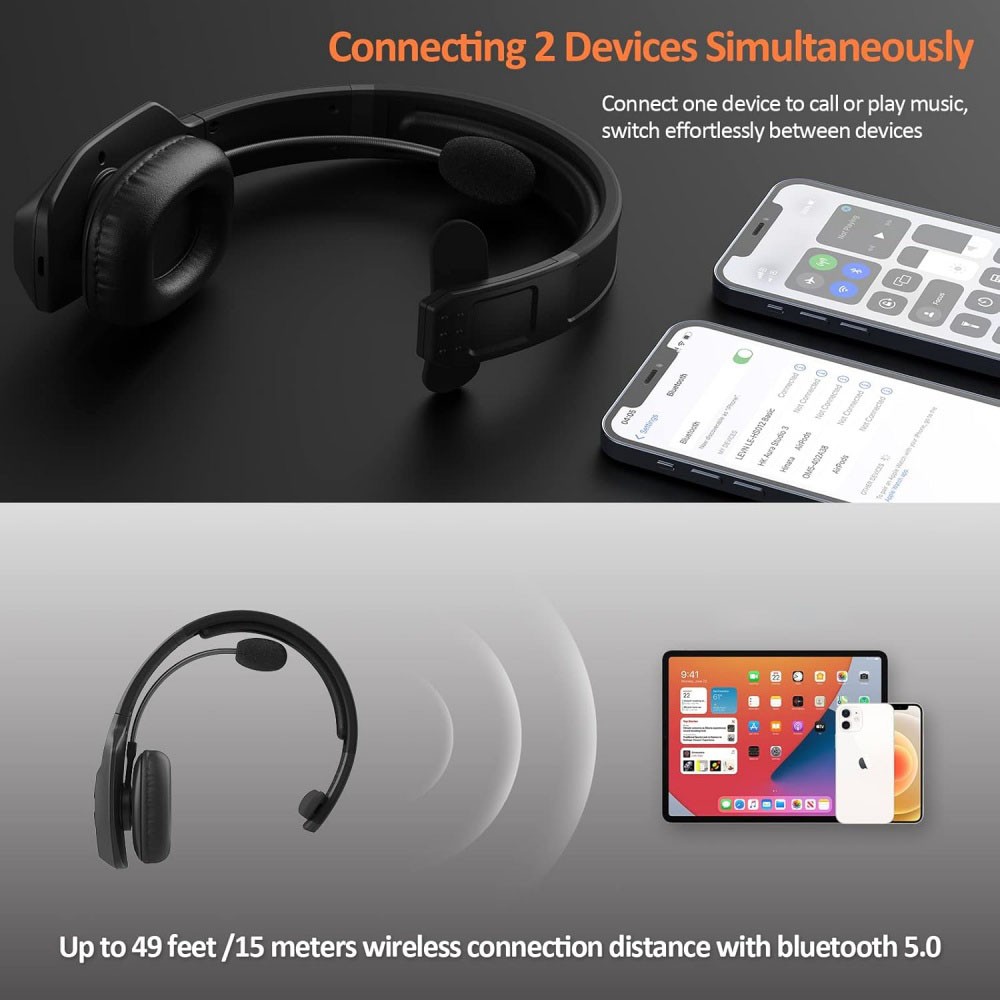 Wireless Trucker Bluetooth Headset with Microphone, for Home Office Remote Work