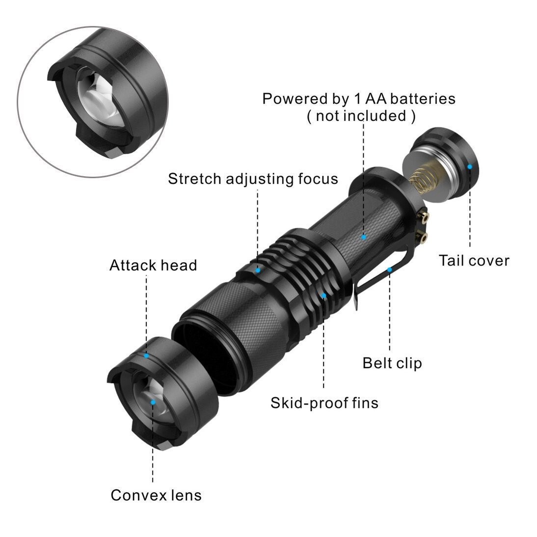6PCS Mini LED Flashlight Torch Adjustable Focus Zoom Light Lamp
