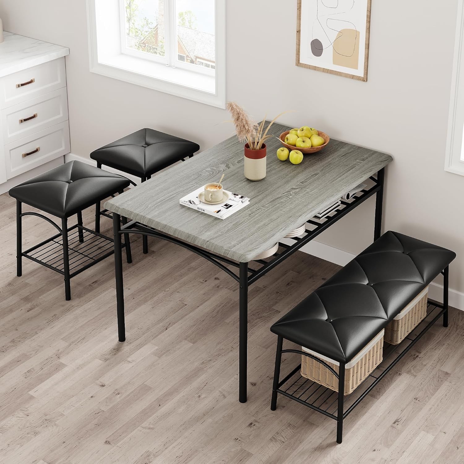 Kitchen Table Set for 4 Dining Table with Bench and 2 Square Stools Storage USA