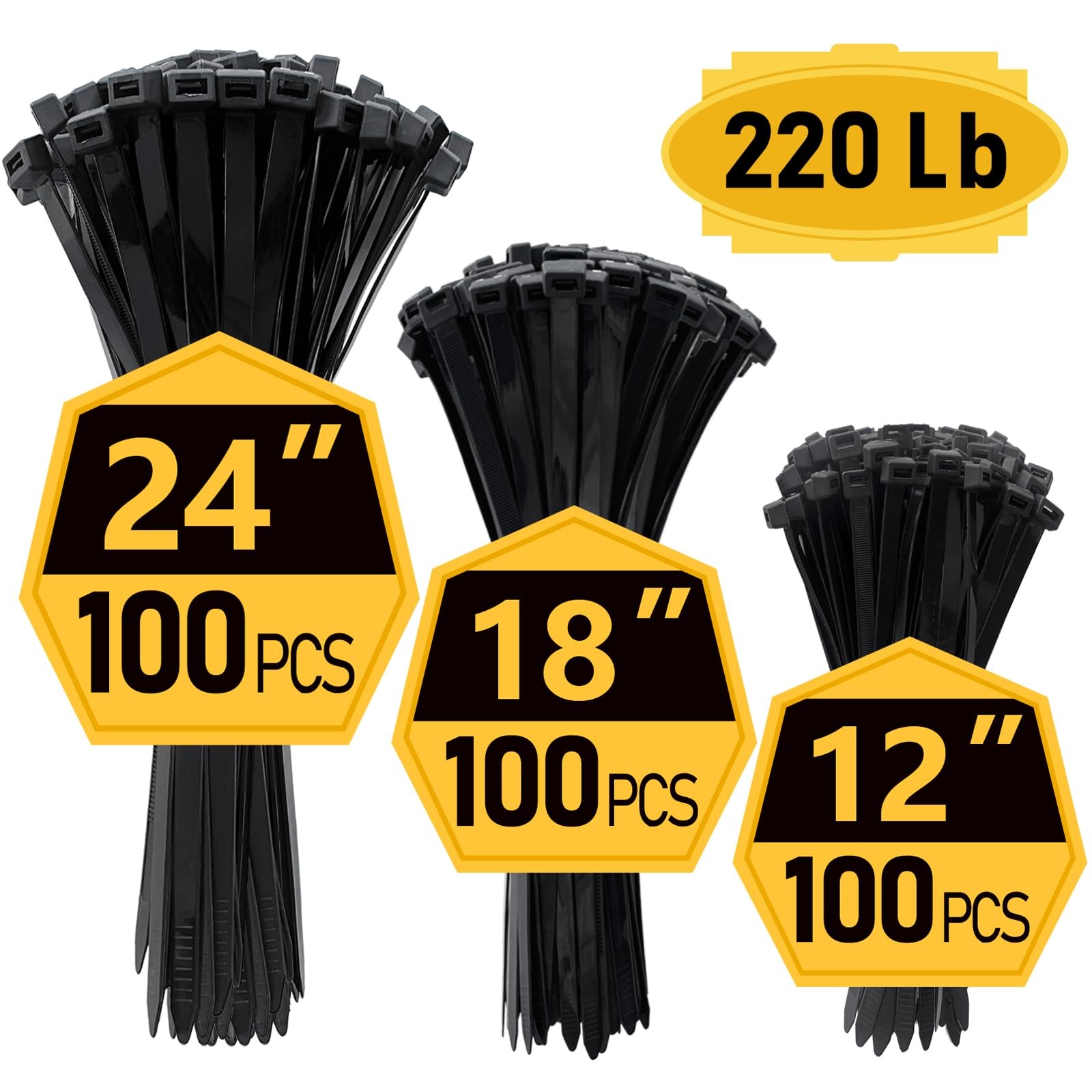 Zip Ties, Zip Ties Heavy Duty, Assorted Sizes (12"+18"+24")-300 Pack, Cable t...
