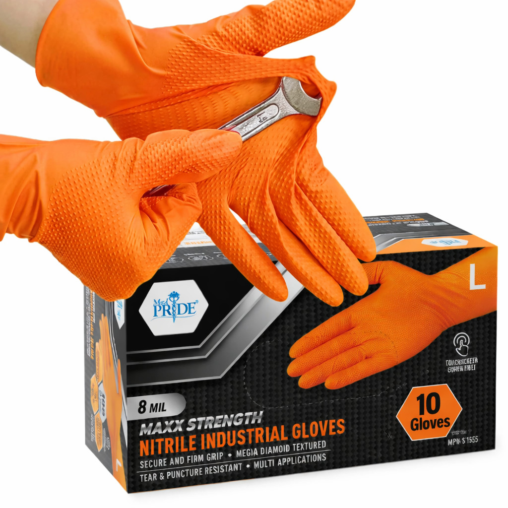 Heavy Duty Orange Nitrile Gloves 8Mil Industrial Disposable  Diamond Oran 10PCS
