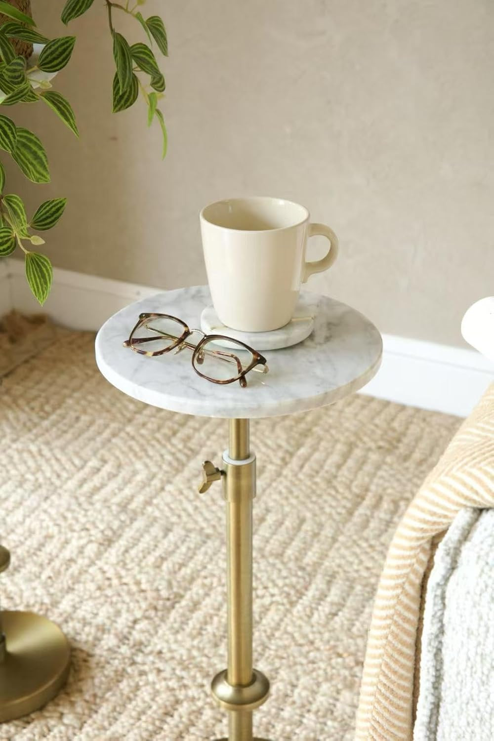 Adjustable 10" White Marble Drink Table with 2 Coasters, Antique Brass⁠ | Adjust