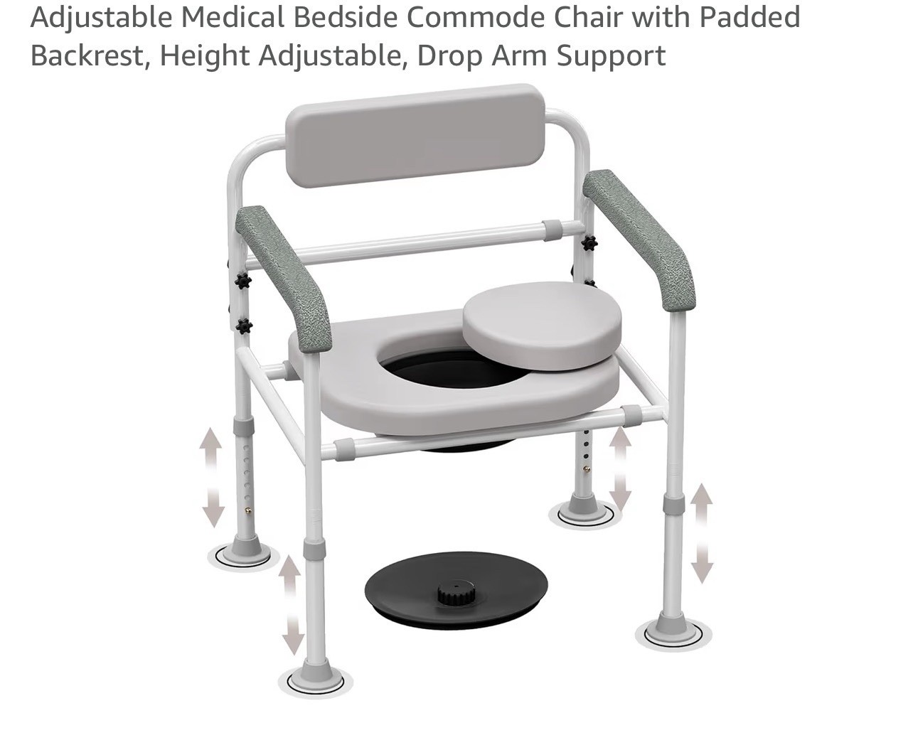 Adjustable Medical Bedside Commode Chair with Padded Backrest, Drop Arm Support