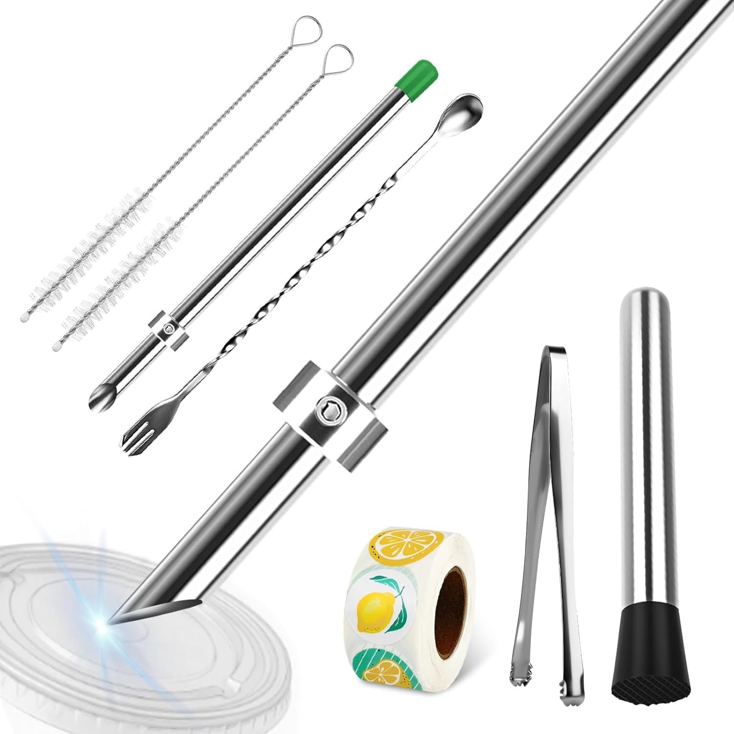 8 Pcs Set Kit,Include 2X 316 Stainless streel Straw Puncher for Plastic Lids,1x
