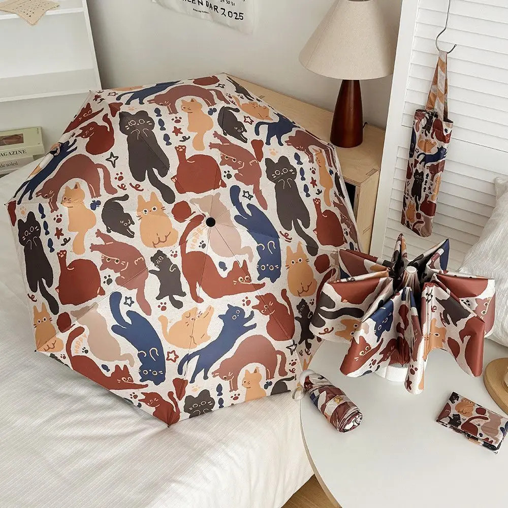 Modern Abstract Cat Printed Auto Umbrella - 3-Fold Portable Design, Thick Black