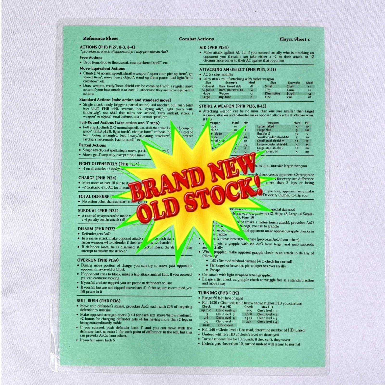 Wizards Of The Coast D&D 3.5 Reference Player Sheets 1 & 2 Combat Skills NEW NOS