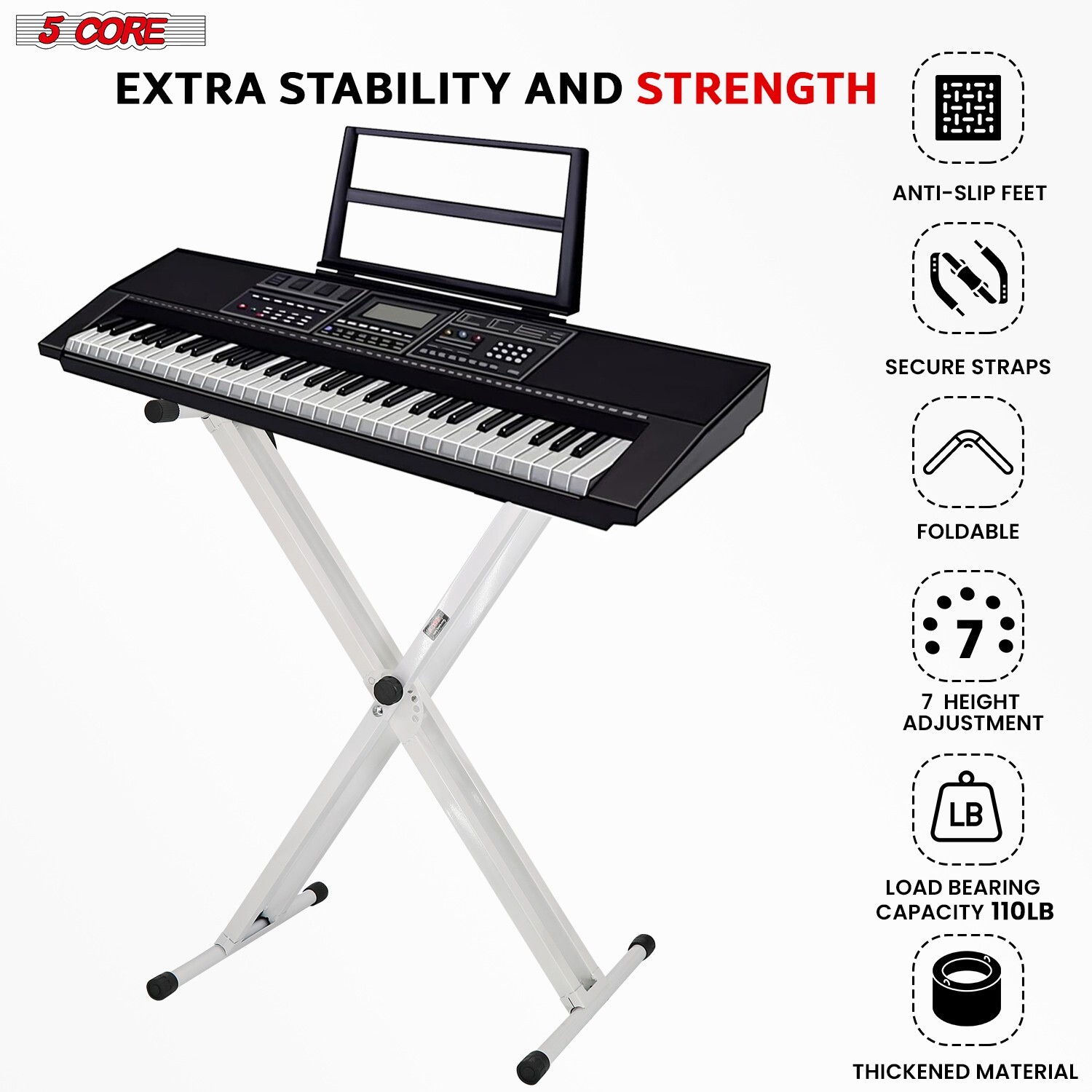 5Core Keyboard Stand Double XStyle Adjustable Piano Riser + Keyboard Piano Bench