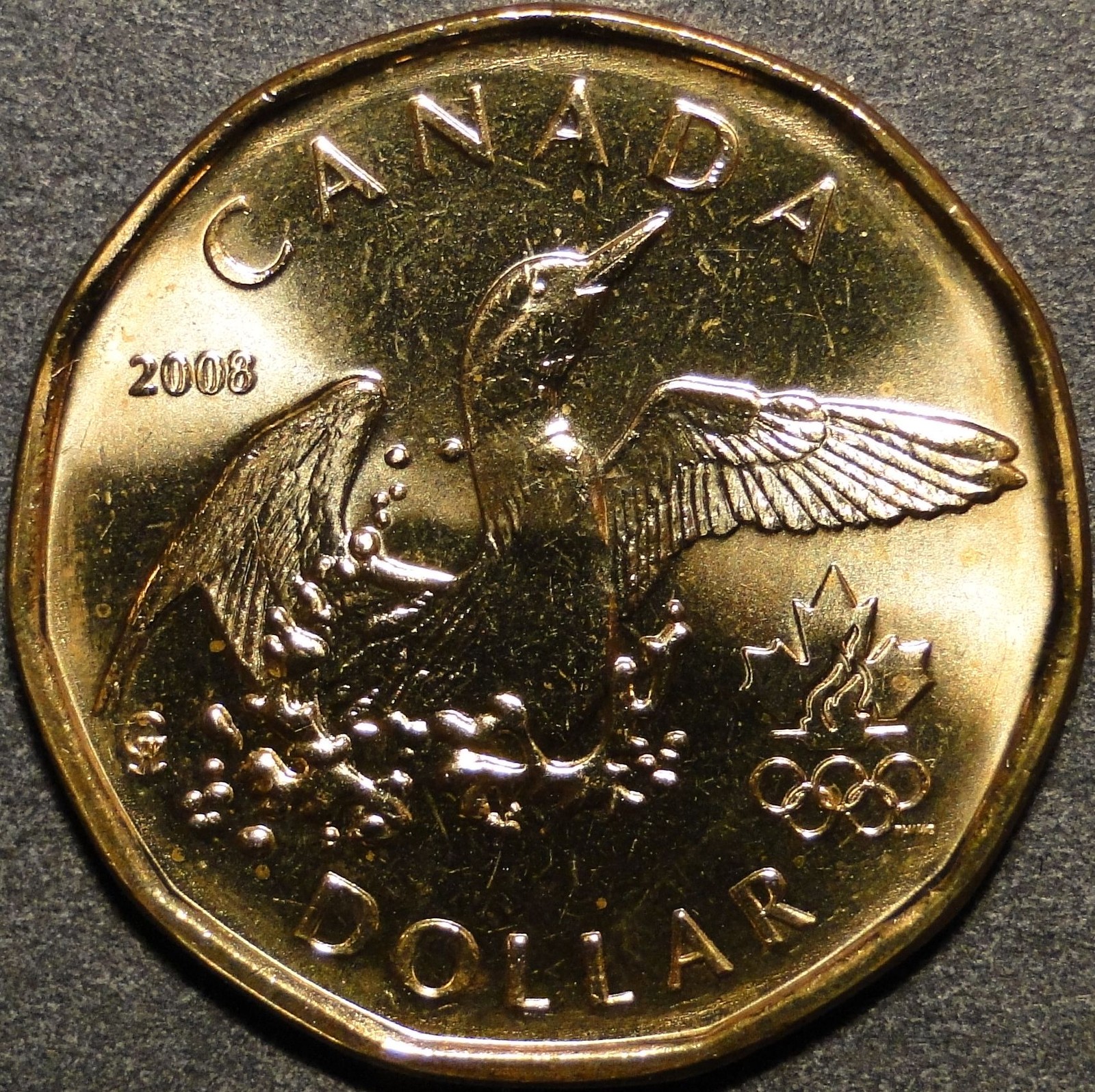 Brillant Uncirculated UNC Canada 2008 Lucky Loonie for Olympics $1 dollar coin