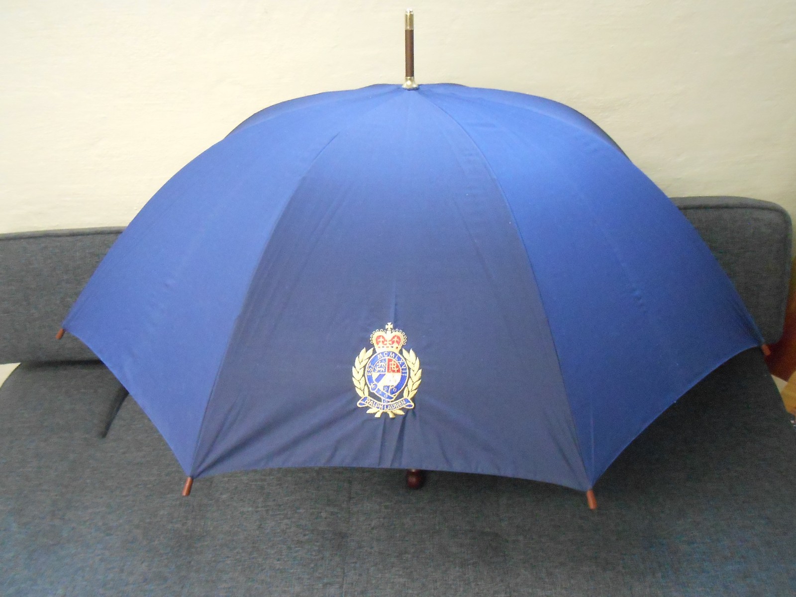 Vintage Navy Blue Polo Ralph Lauren Crested Umbrella with Wooden Handle