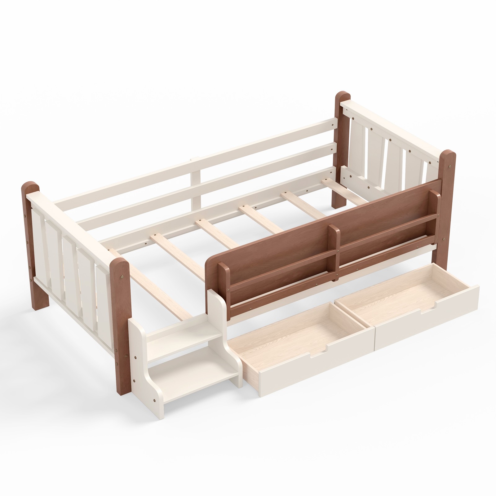 FUNIDEE Twin Size Floor Bed Plarform Bed Frame with Drawers and Bookcases Beige